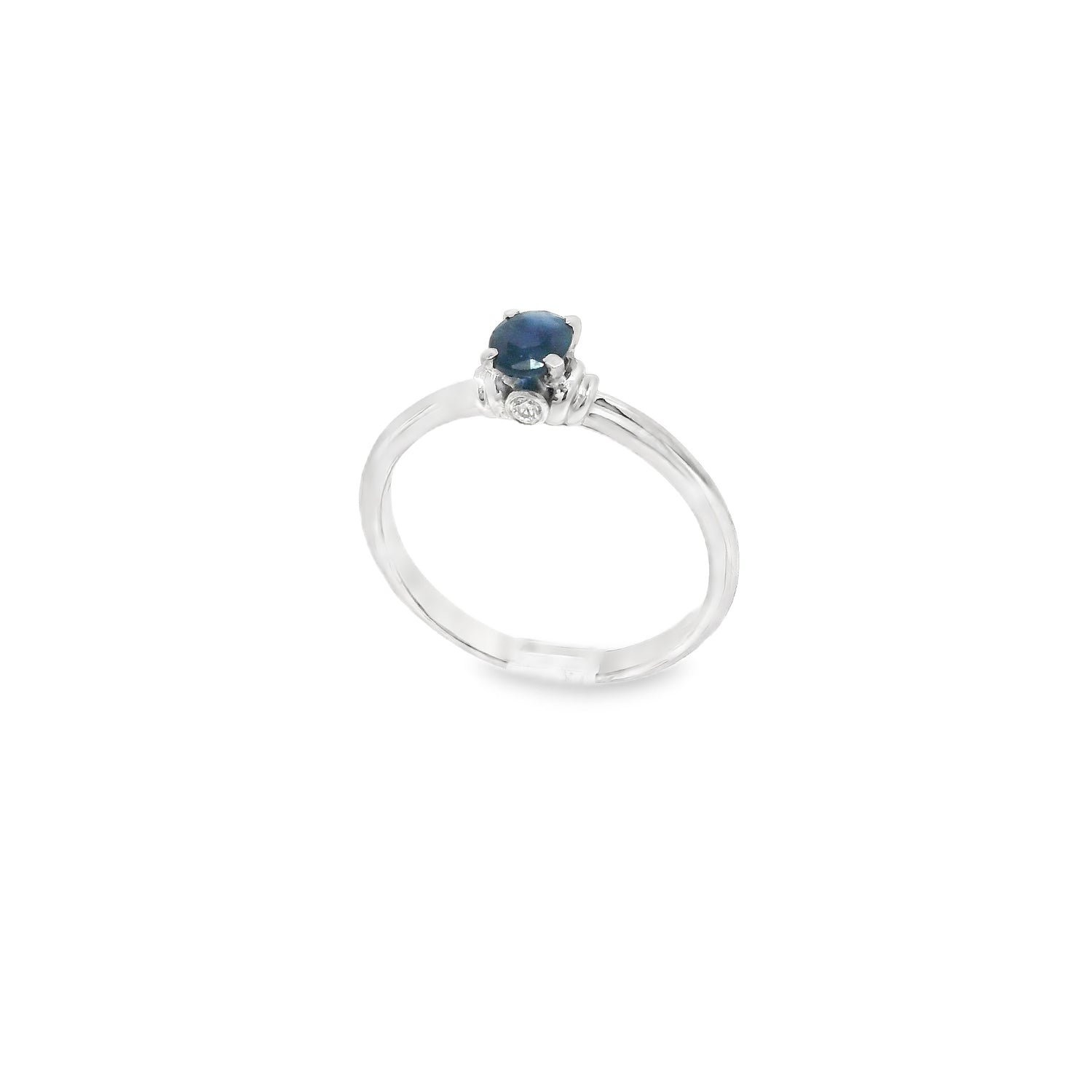 Faceted Blue Sapphire Ring - Oval Prong Set on 925 Sterling Silver Bezel Set with 2 White CZ Crystals on Tapered Band sz9