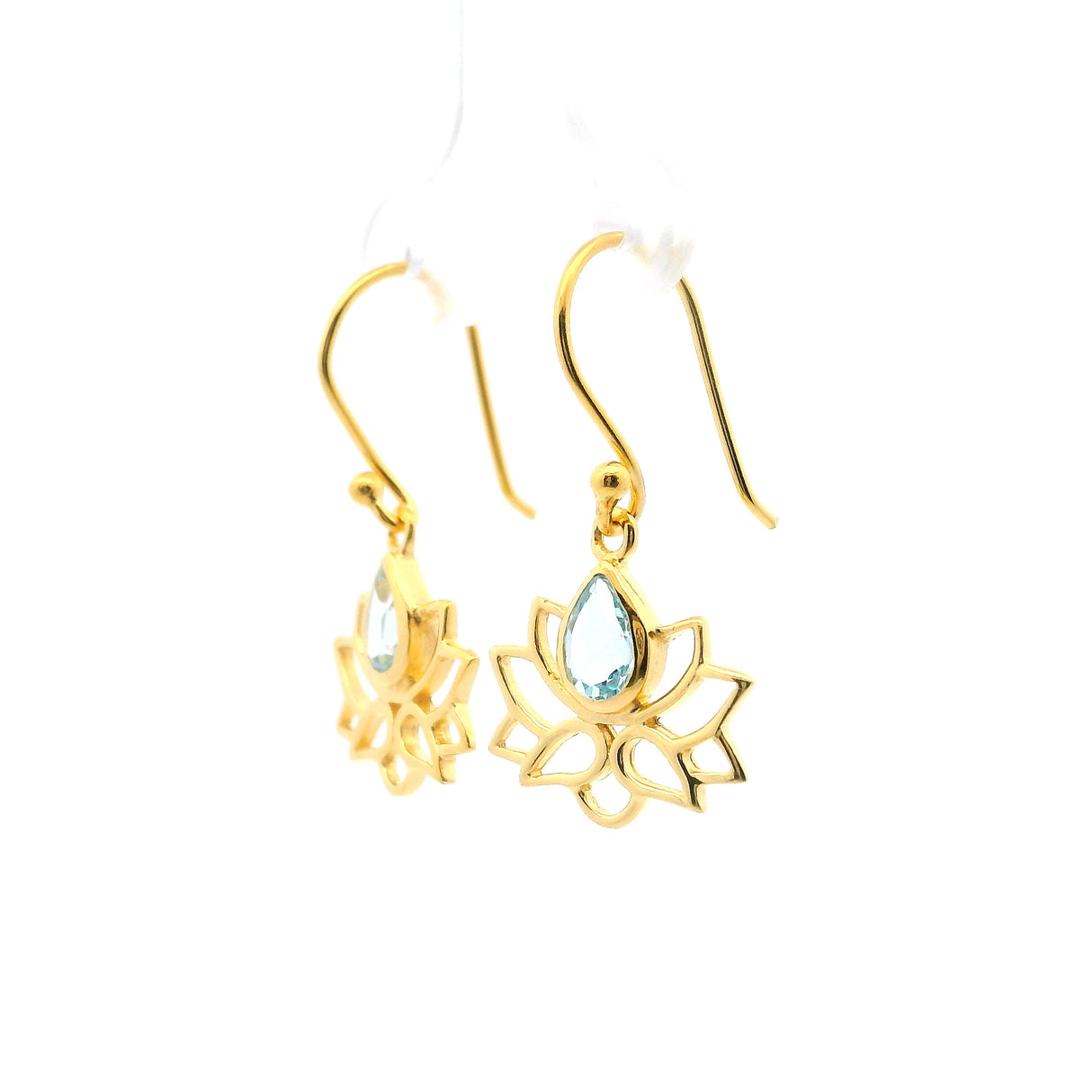 Faceted Blue Topaz Lotus Dangle Earrings with Gold Overlay Bezel Set over 925 Sterling Silver