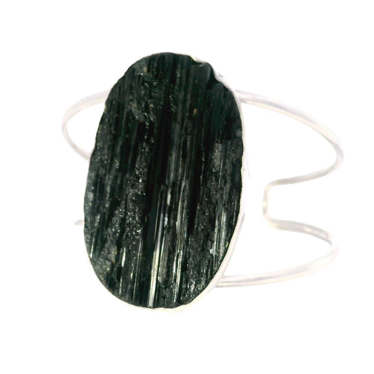 Black Tourmaline Specimen Classic Large Double Row Open Back Silver Cuff - Simple Bezel Set - Oval