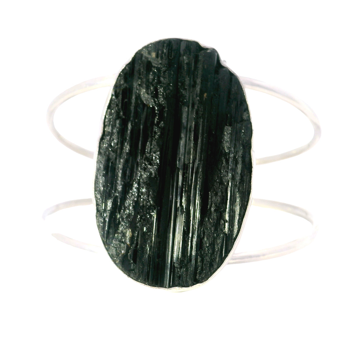Black Tourmaline Specimen Classic Large Double Row Open Back Silver Cuff - Simple Bezel Set - Oval