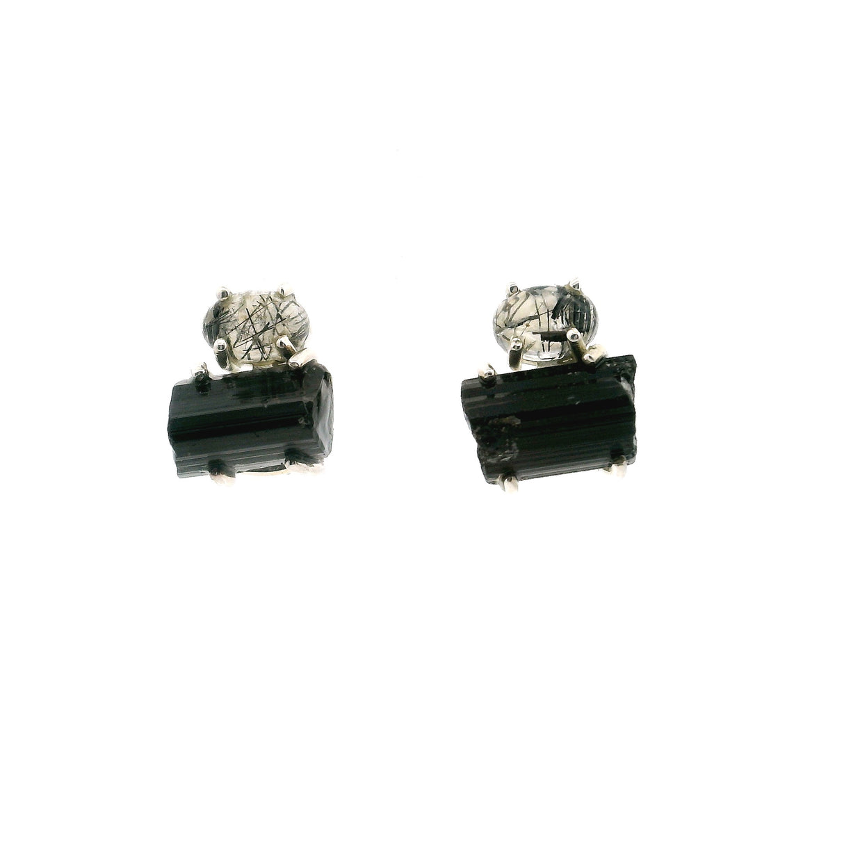 Black Tourmaline Stud Earrings with Cabochon of Tourmalated Quartz Prong set in 925 Sterling Silver