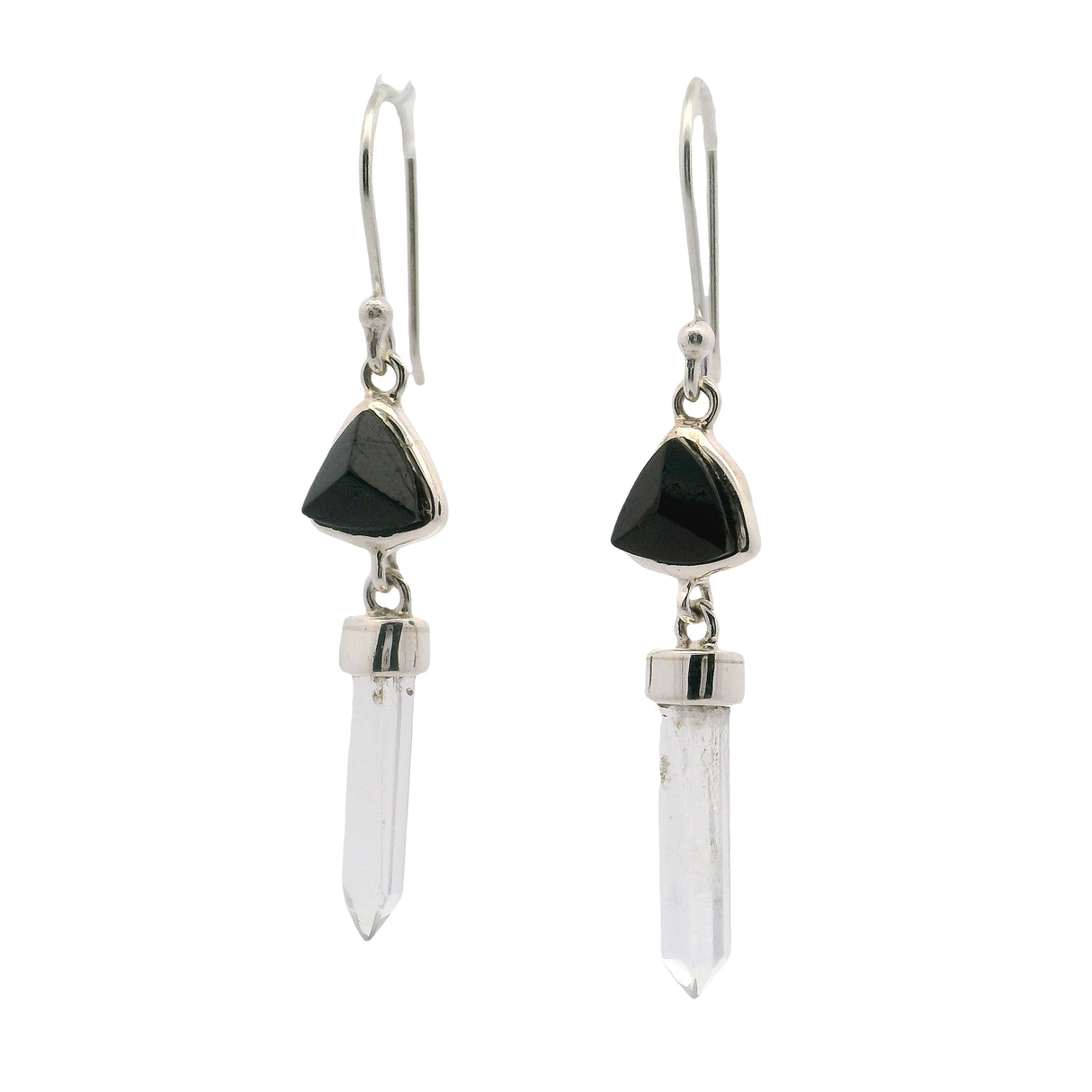 Black Tourmaline Triangle Dangle Earrings with Hanging Quartz Points Set in 925 Sterling Silver