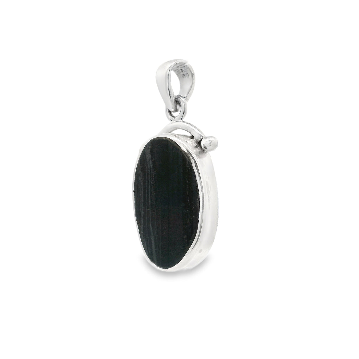 Black Tourmaline Rough Oval Pendant Bezel Set in 925 Sterling Silver