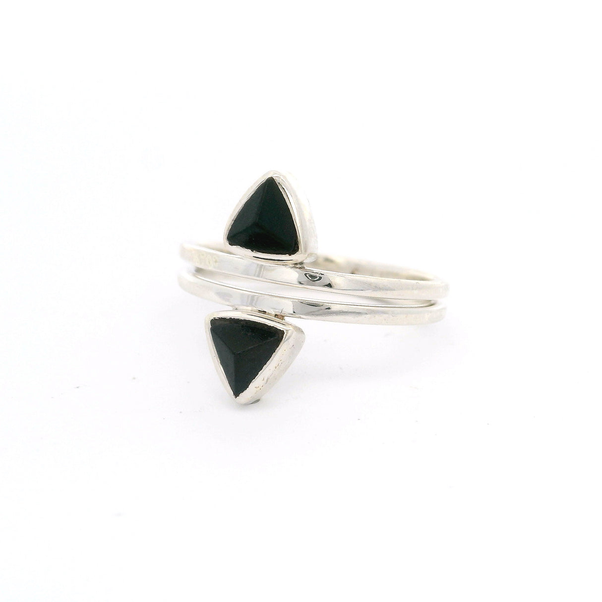 Black Tourmaline Dual Triangle Ring with Double Band Bezel Set in 925 Sterling Silver sz7