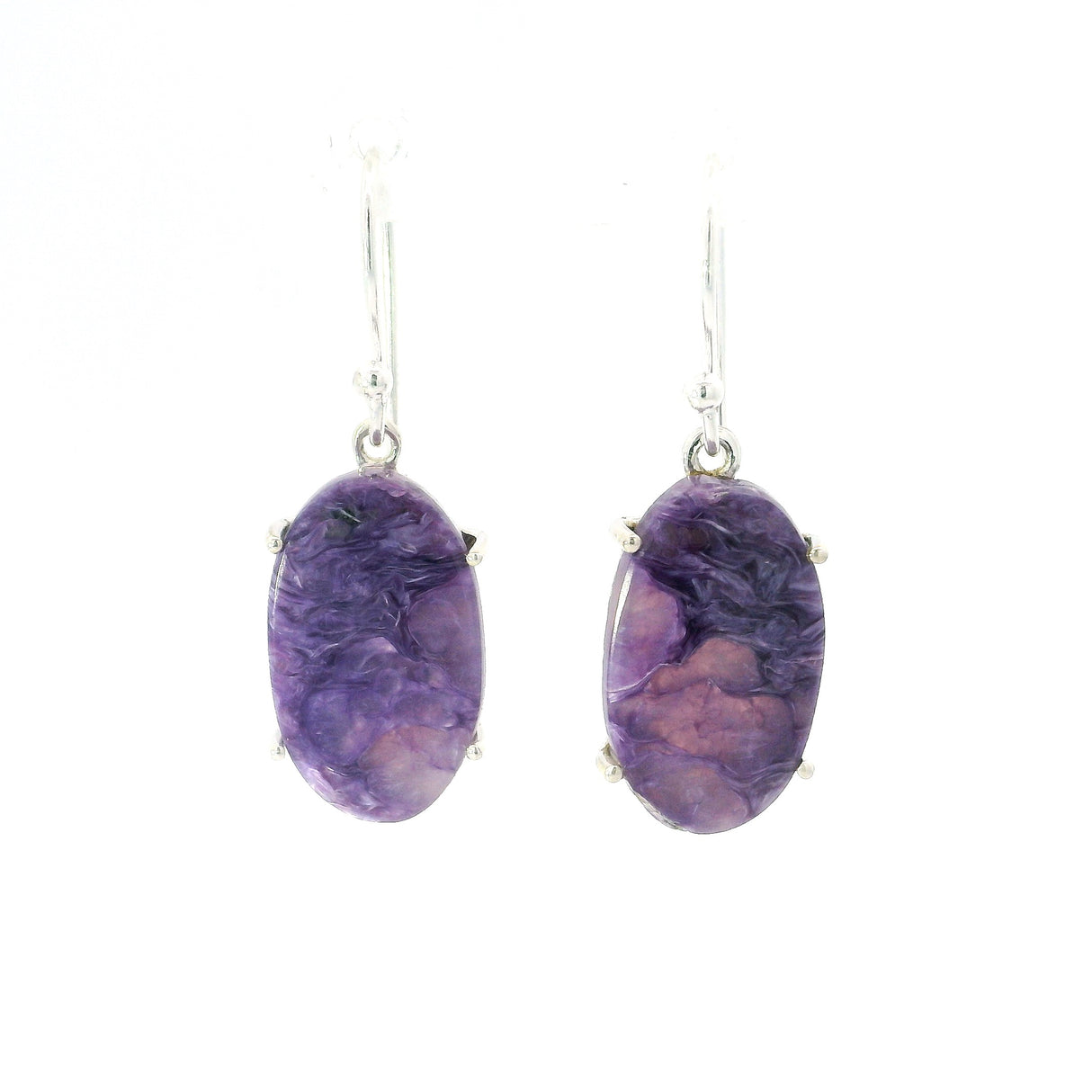 Charoite Oval Flat Dangle Earrings Prong Set