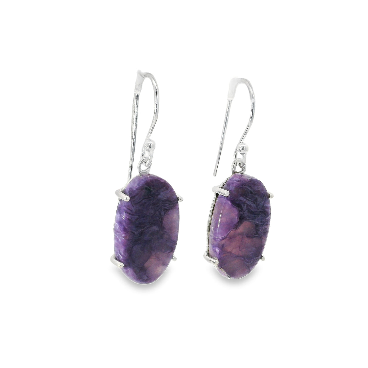 Charoite Oval Flat Dangle Earrings Prong Set