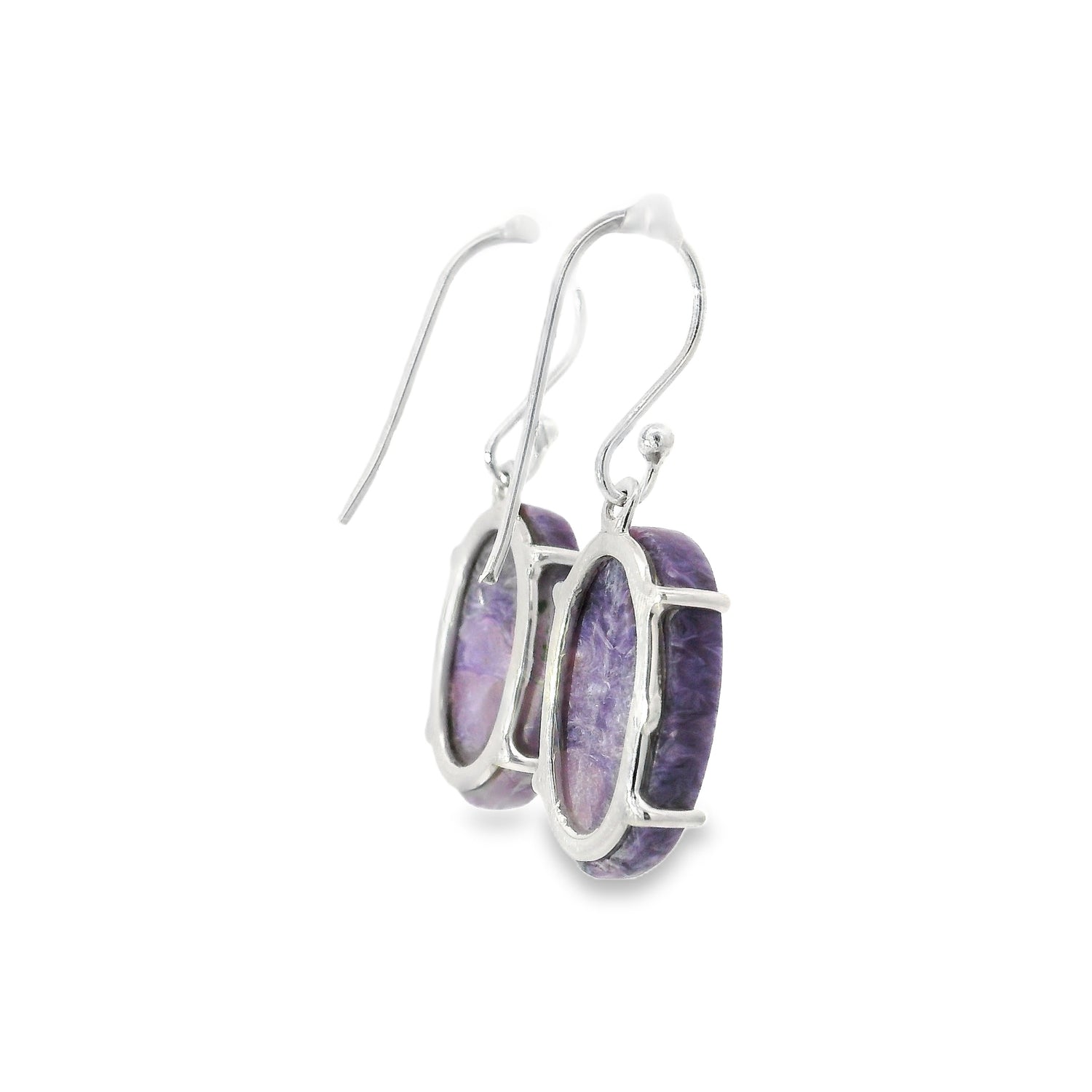 Charoite Oval Flat Dangle Earrings Prong Set