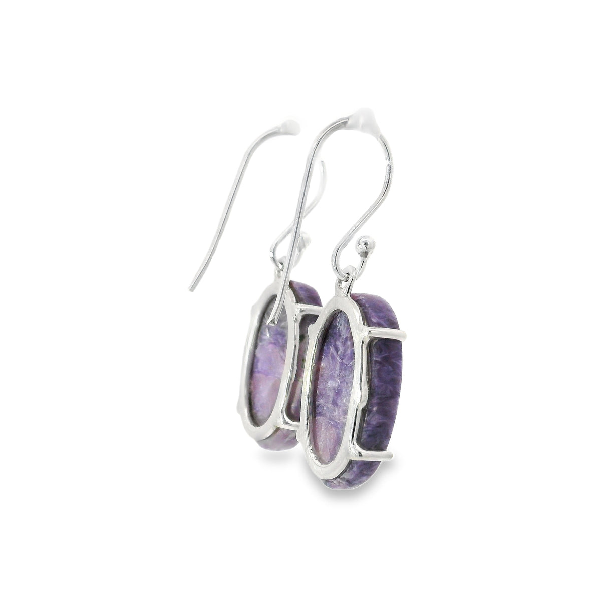Charoite Oval Flat Dangle Earrings Prong Set