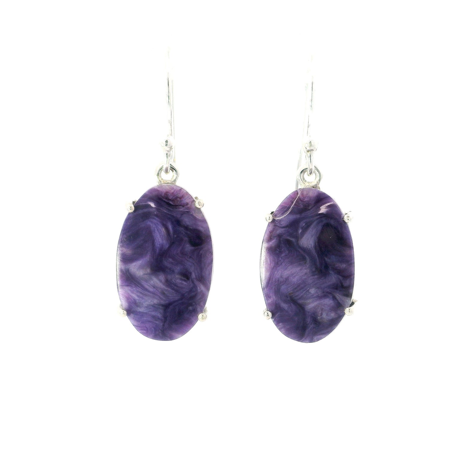 Charoite Oval Flat Dangle Earrings Prong Set with Distinctive Patterns