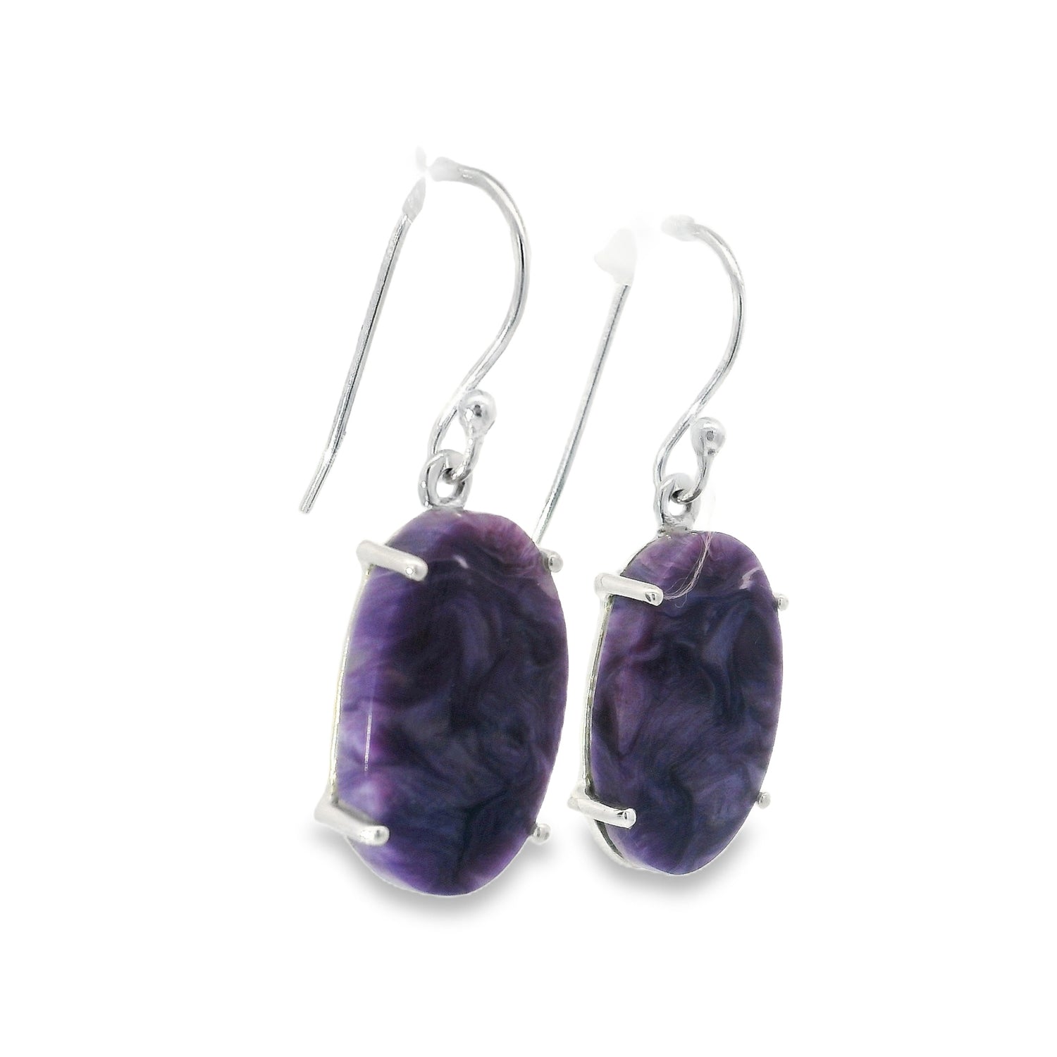 Charoite Oval Flat Dangle Earrings Prong Set with Distinctive Patterns