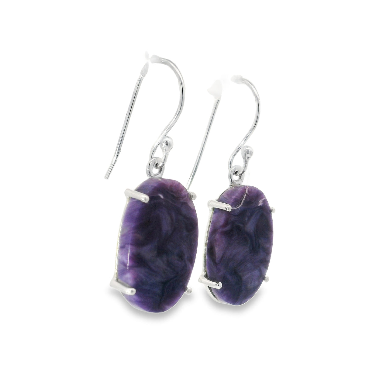 Charoite Oval Flat Dangle Earrings Prong Set with Distinctive Patterns