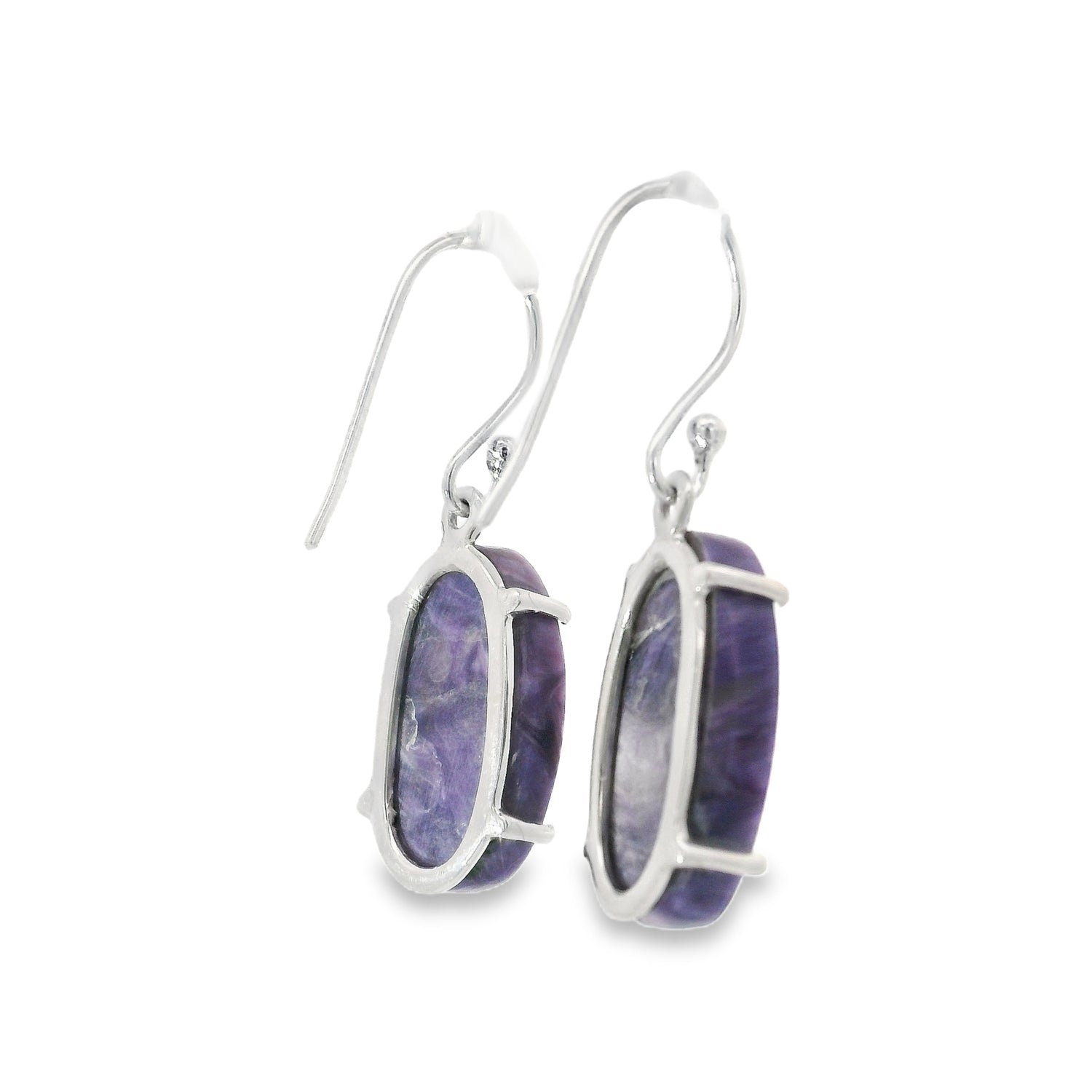 Charoite Oval Flat Dangle Earrings Prong Set with Distinctive Patterns