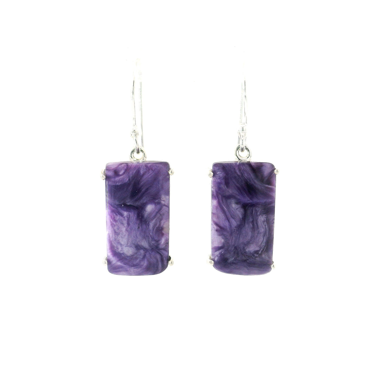 Charoite Rectangular Flat Dangle Earrings Prong Set
