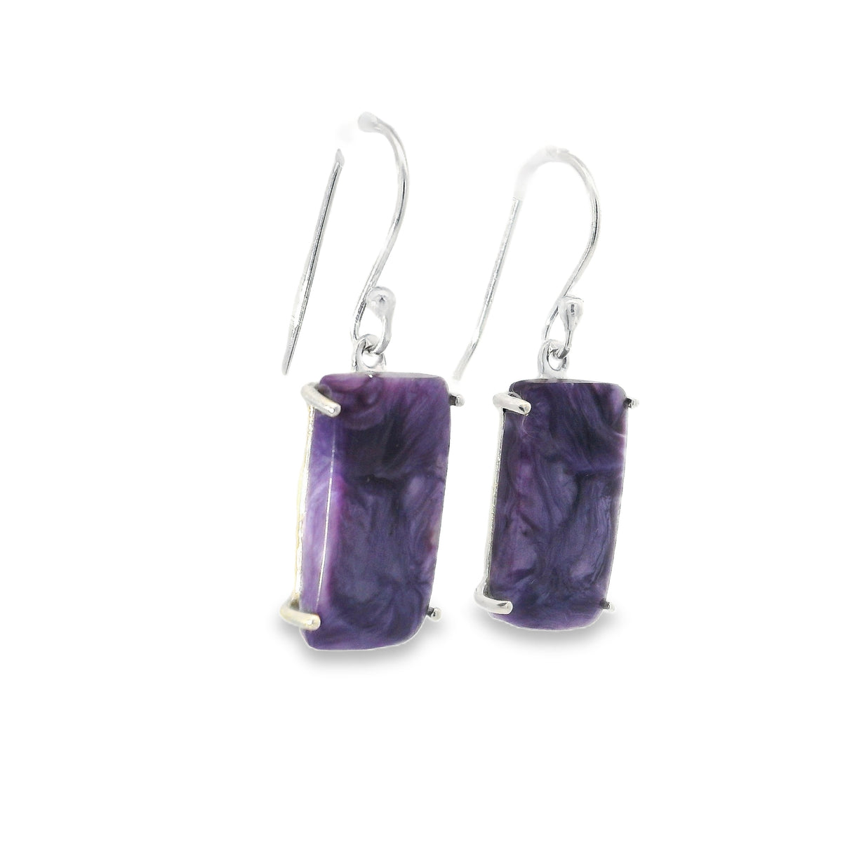 Charoite Rectangular Flat Dangle Earrings Prong Set