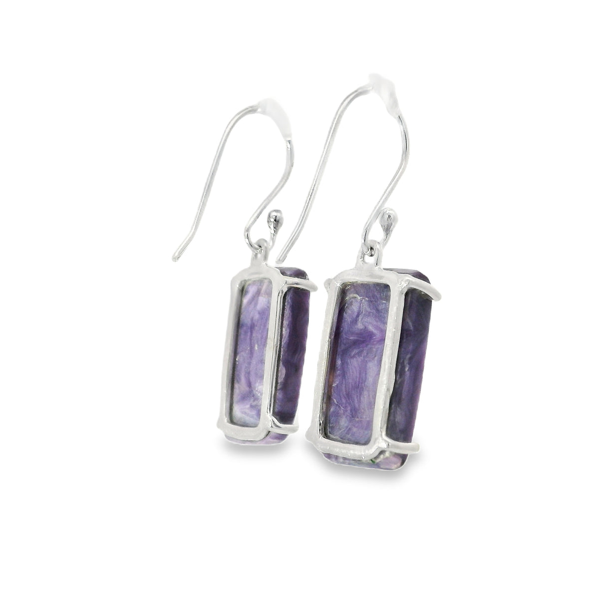 Charoite Rectangular Flat Dangle Earrings Prong Set