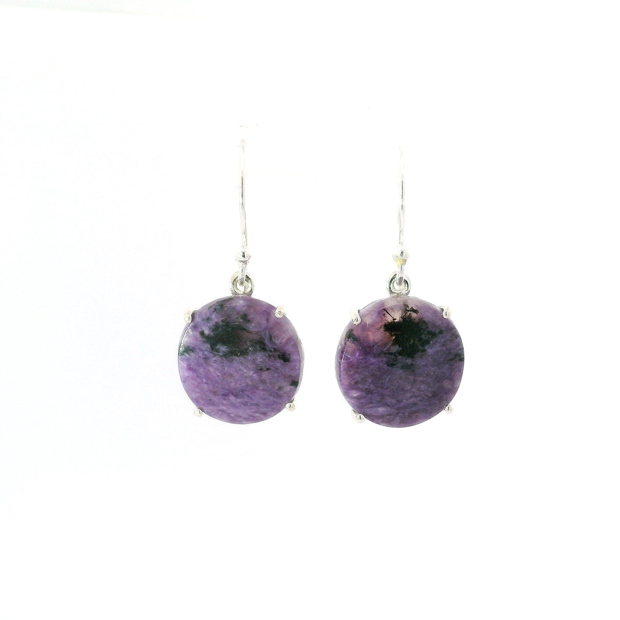 Charoite Round Flat Dangle Earrings Prong Set
