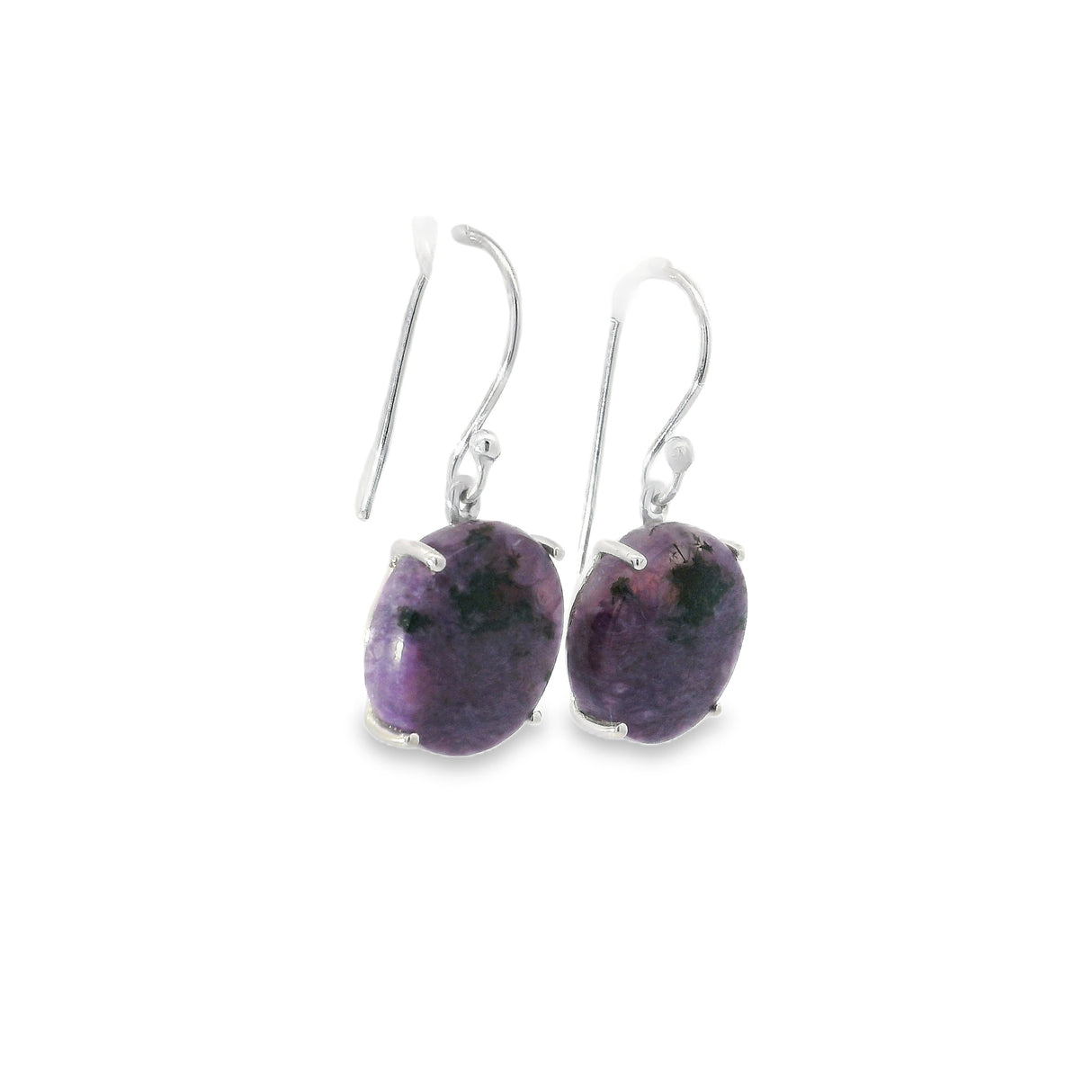 Charoite Round Flat Dangle Earrings Prong Set