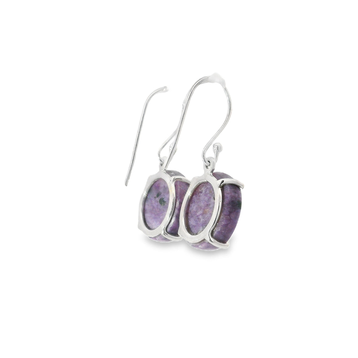 Charoite Round Flat Dangle Earrings Prong Set