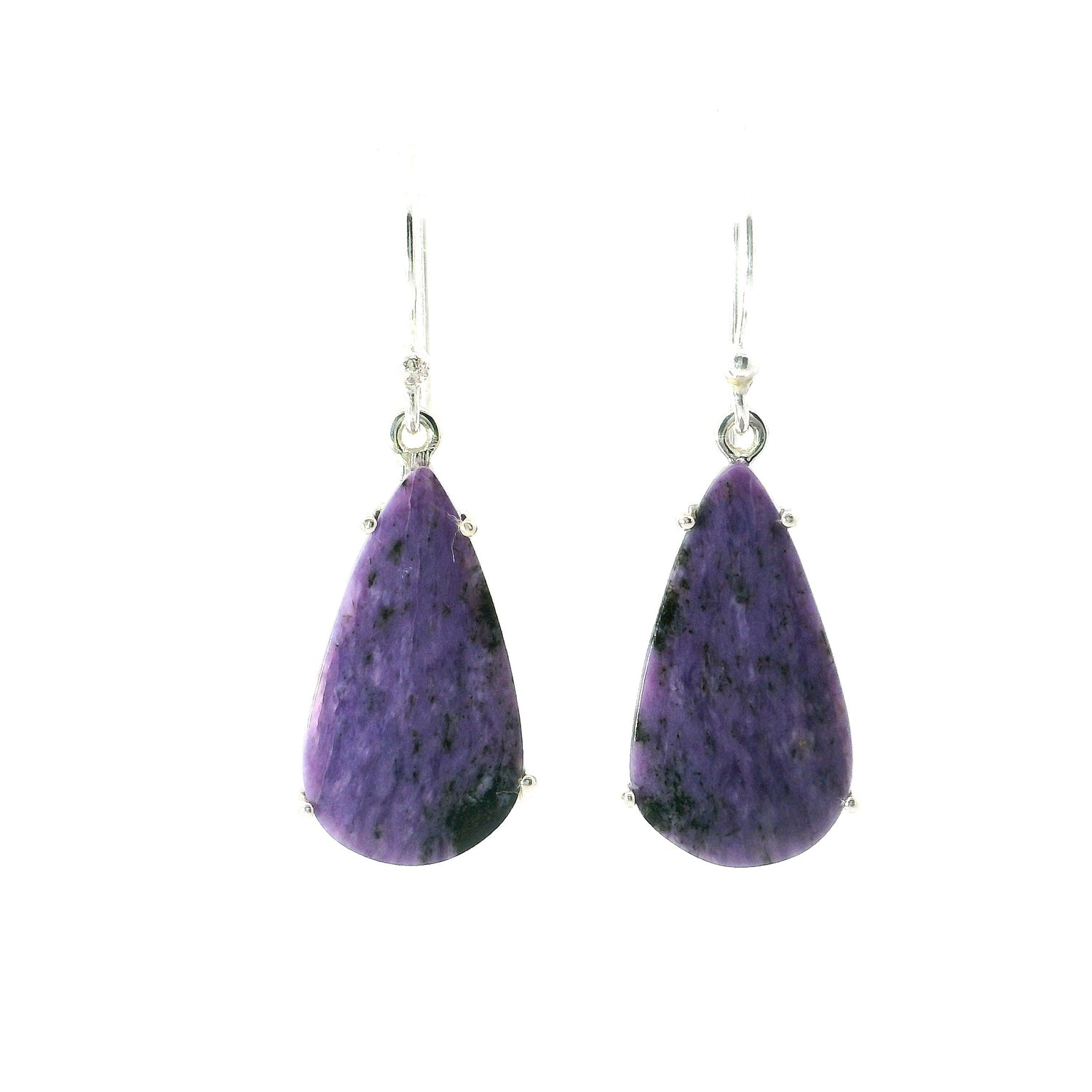 Charoite Teardrop Dangle Earrings Prong Set