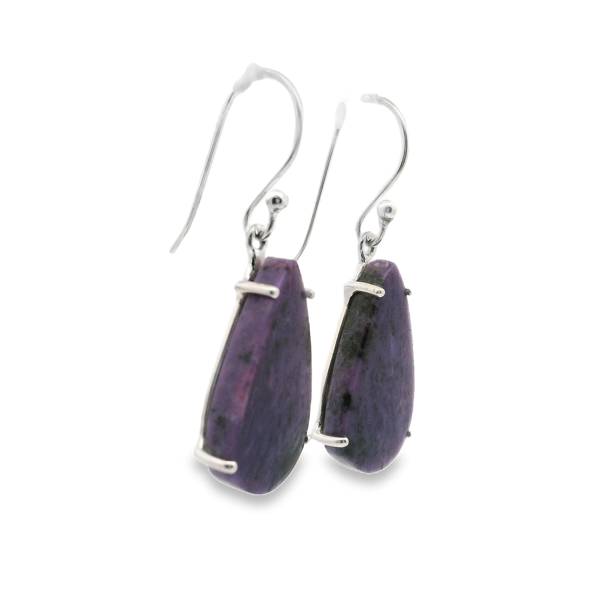 Charoite Teardrop Dangle Earrings Prong Set