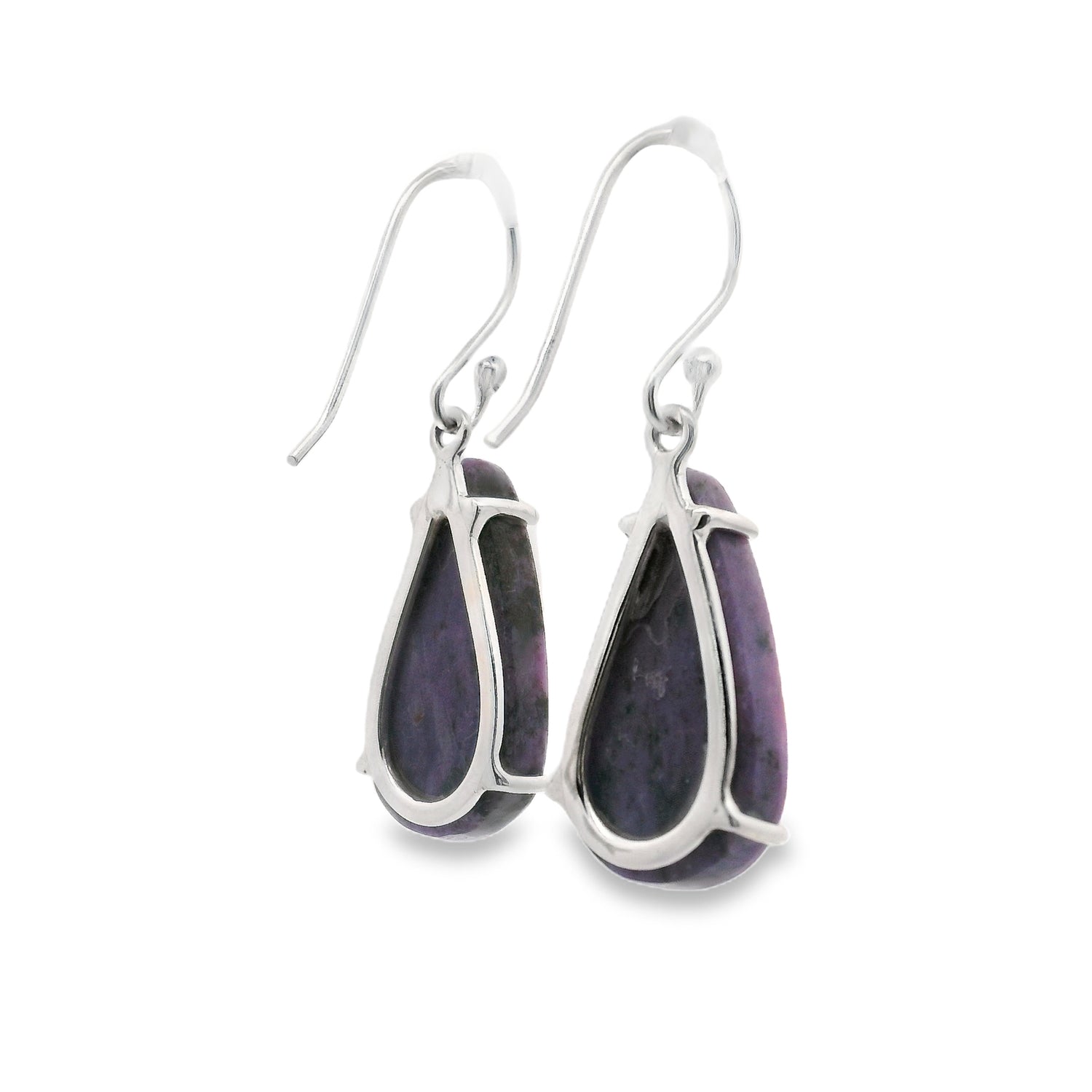 Charoite Teardrop Dangle Earrings Prong Set