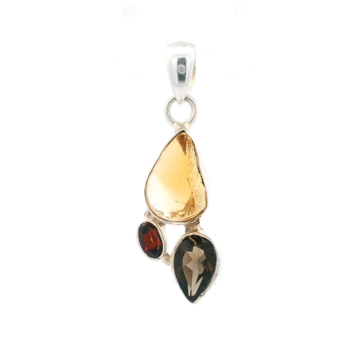 Citrine Rough Pendant - Freeform With Faceted Garnet Oval & Smoky Quartz Pear