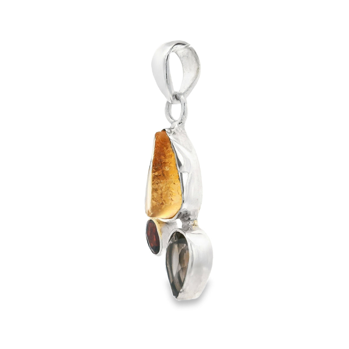 Citrine Rough Pendant - Freeform With Faceted Garnet Oval & Smoky Quartz Pear