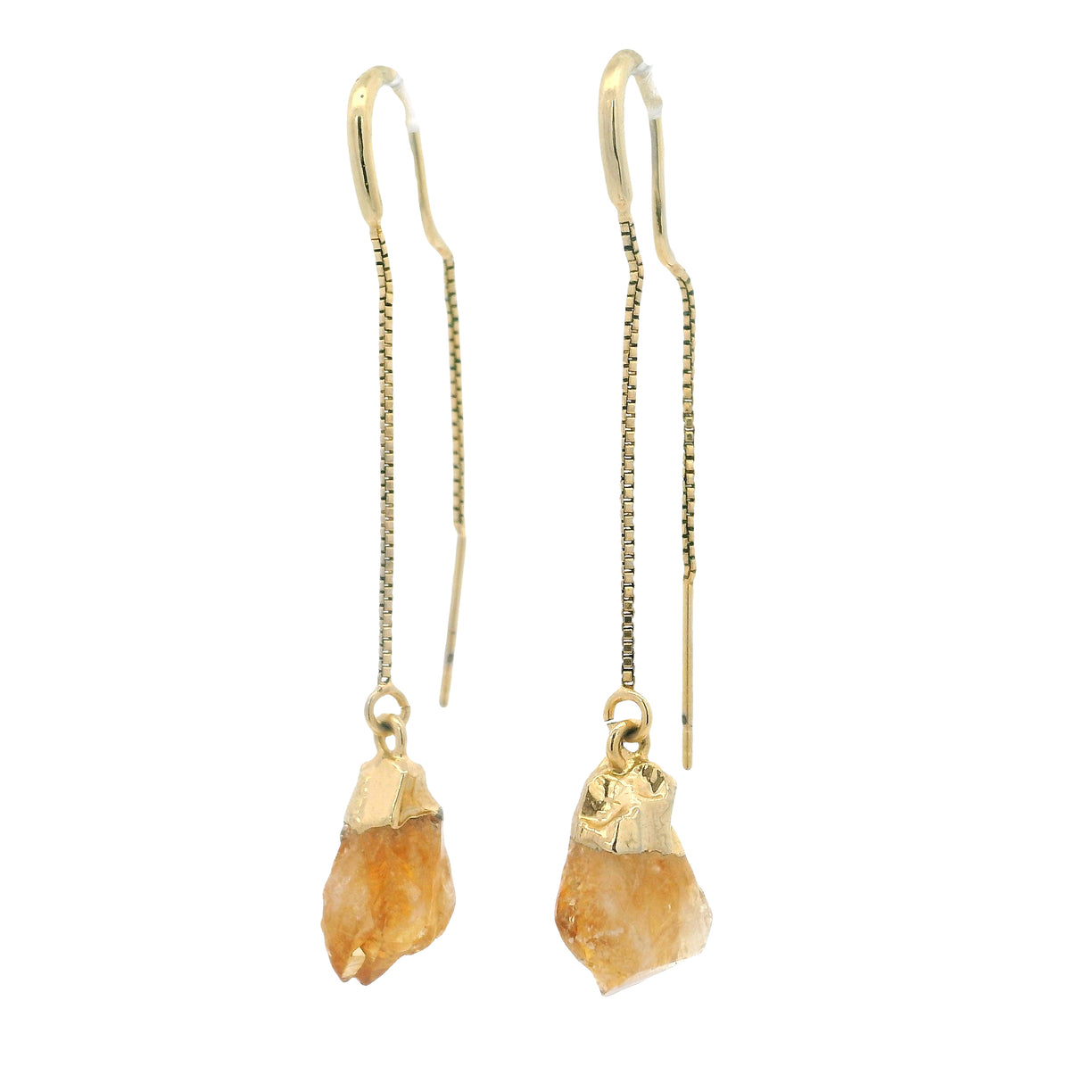 Unpolished Gemstone Long Box Chain Dangle Earrings - Gold Plated Over Brass