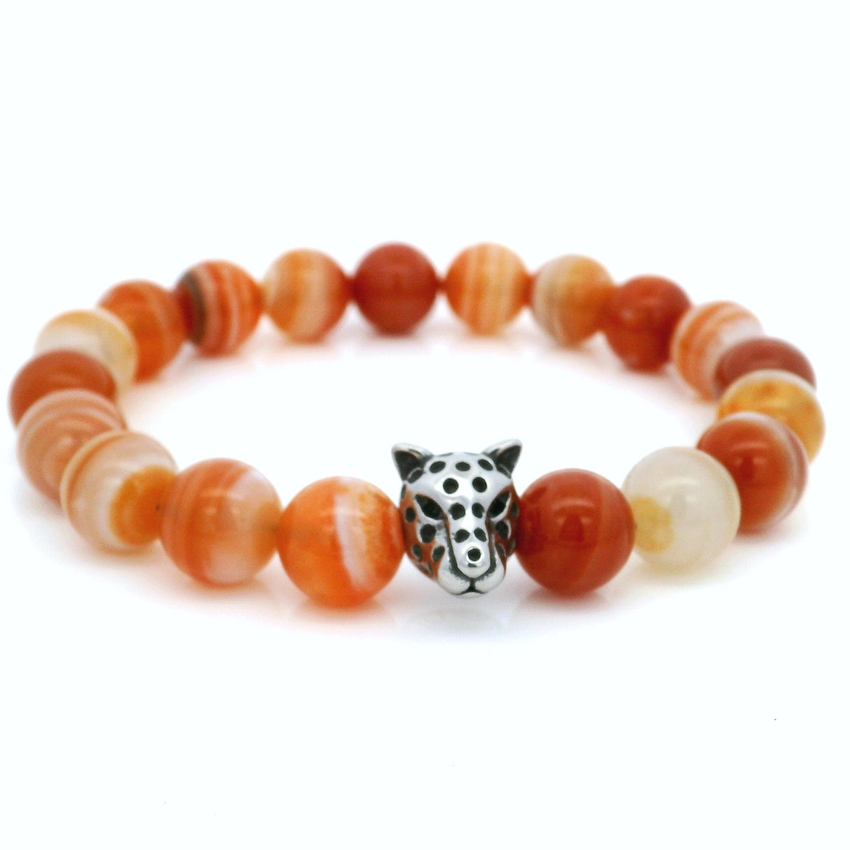 10mm Carnelian Beaded Bracelet with Leopard Head Accent Bead