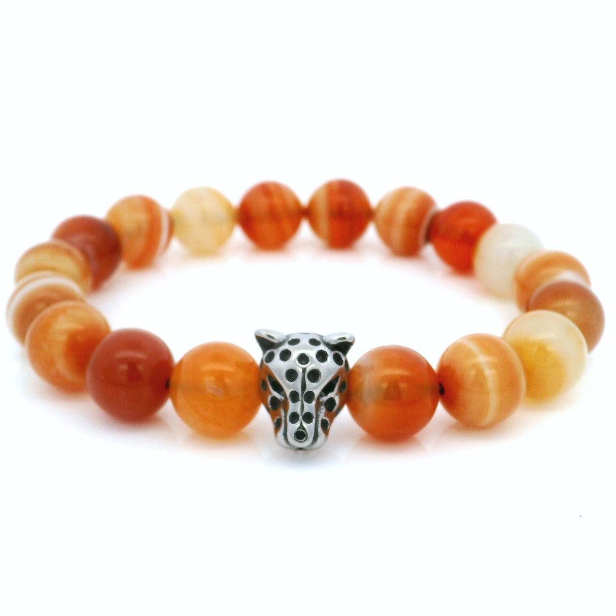 10mm Carnelian Beaded Bracelet with Leopard Head Accent Bead