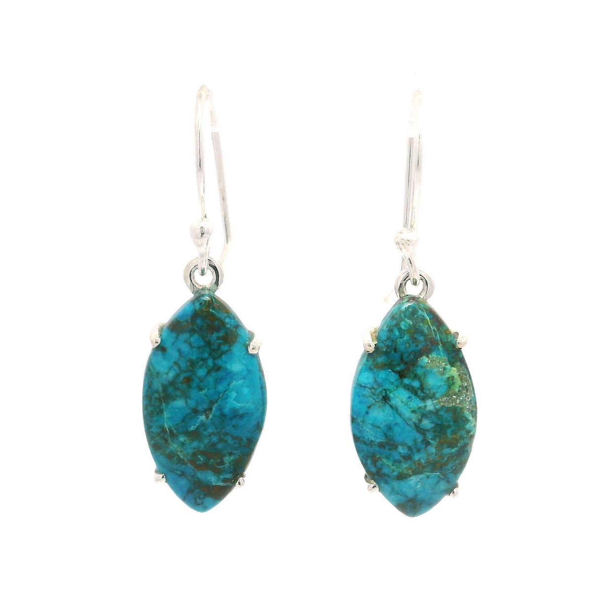 Chrysocolla Malachite Prong Set Flat Cabochon Dangle Earrings