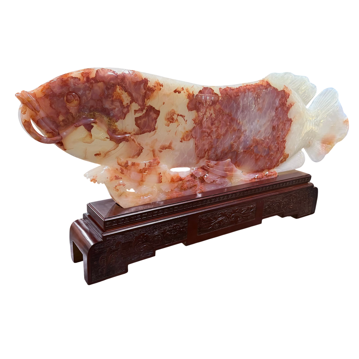 Exquisite Red Skin Mutton Fat Nephrite Jade Fish Carving on Carved Wooden Base with Accompanying Custom Box