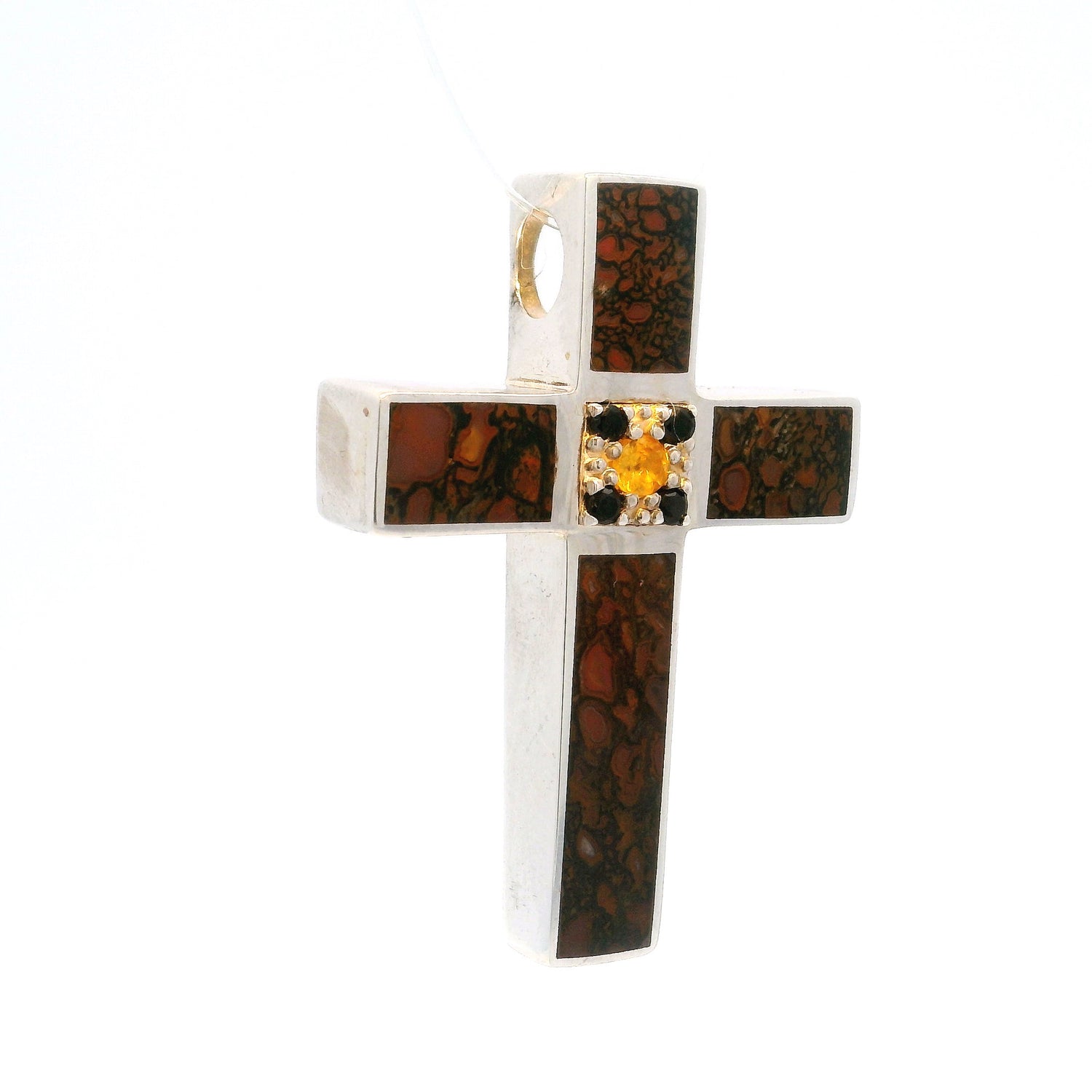 Dinosaur Bone Fossil Cross Pendant With Black And Yellow Sapphires In Center