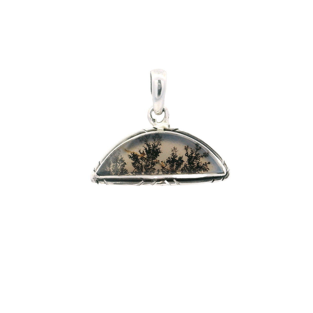 Dendritic Agate Pendant Half Moon Bezel Set on Detail Silver Bezel