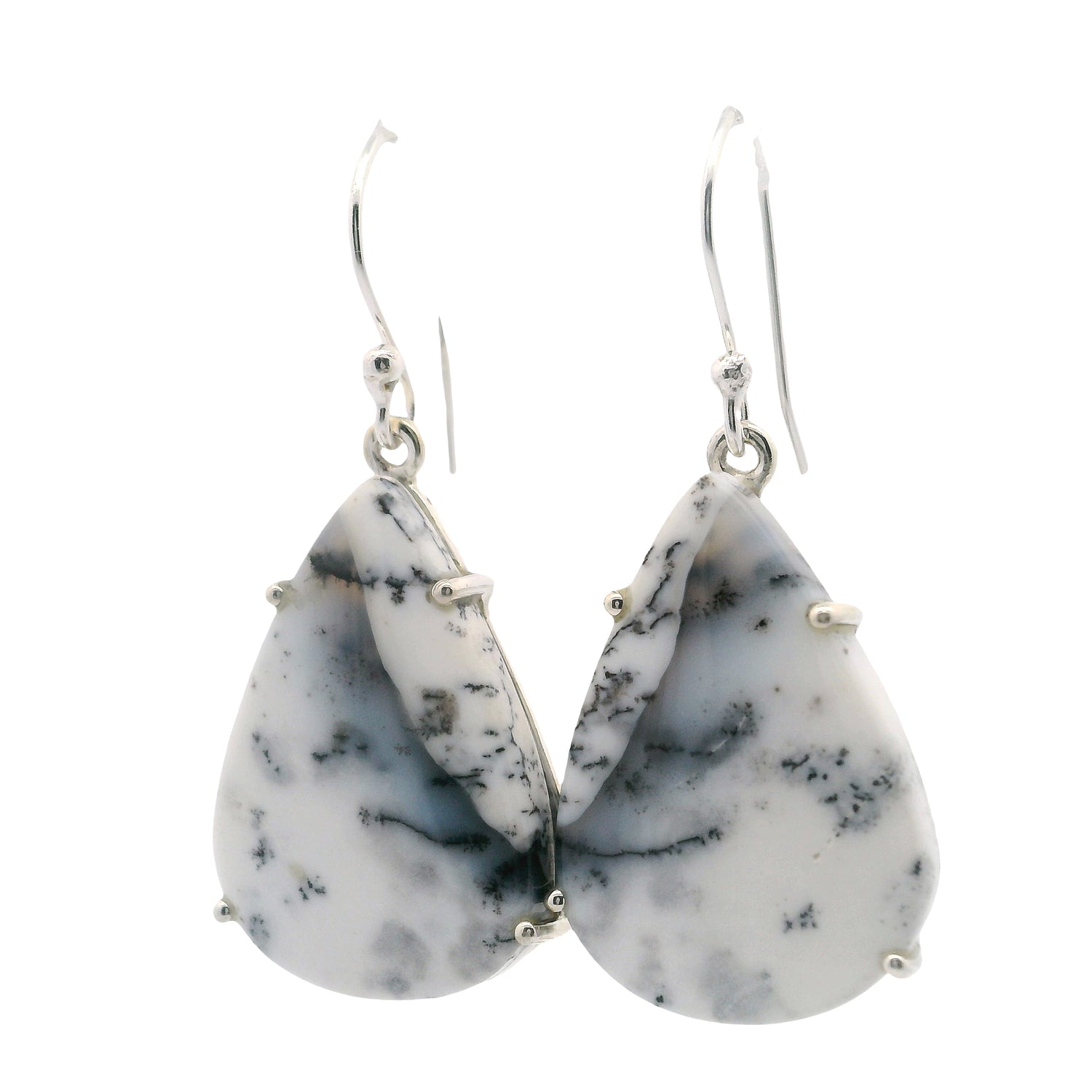 Dendritic Opal Dangle Earrings - Pear Prong Set with Classic Branch