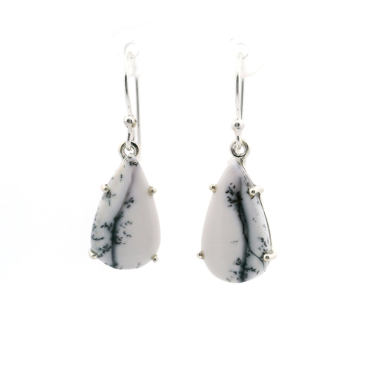 Dendritic Opal Dangle Earrings - Pear Prong Set with Vertical Pattern