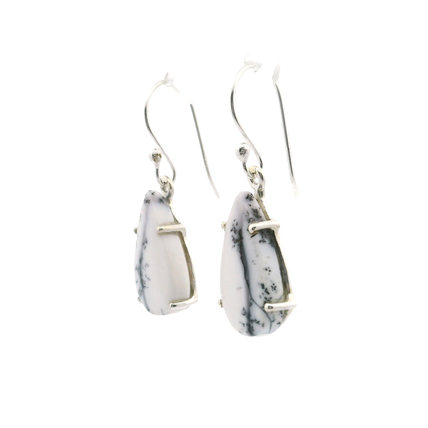 Dendritic Opal Dangle Earrings - Pear Prong Set with Vertical Pattern