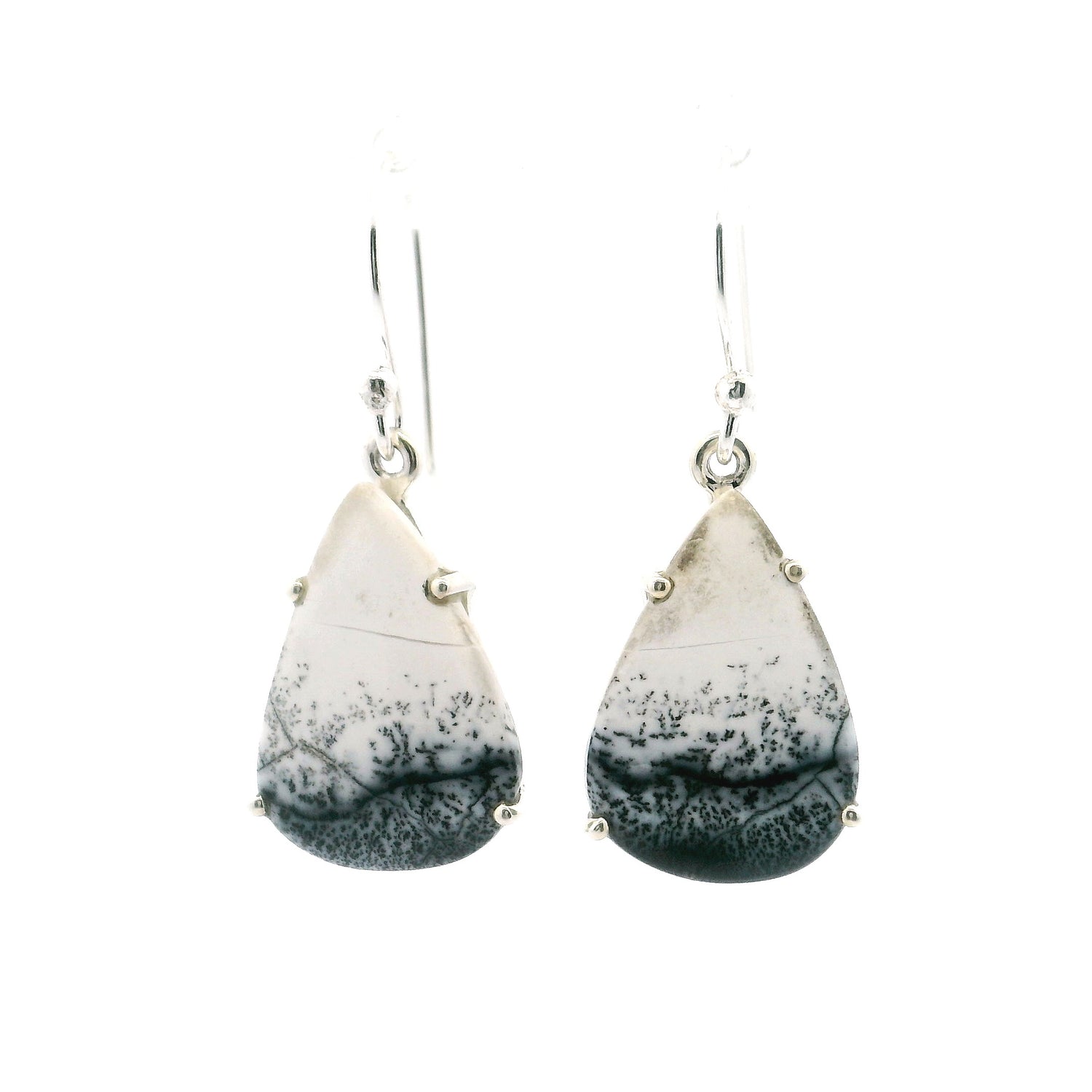Dendritic Opal Dangle Earrings - Pear Prong Set with Lower Dendrites
