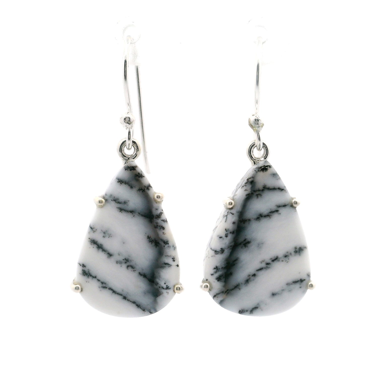 Dendritic Opal Dangle Earrings - Pear Prong Set Branch Patterns