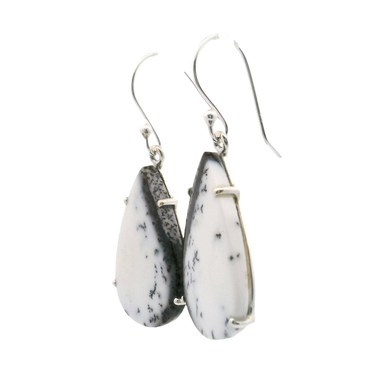Dendritic Opal Dangle Earrings - Pear Prong Set with Black Edge
