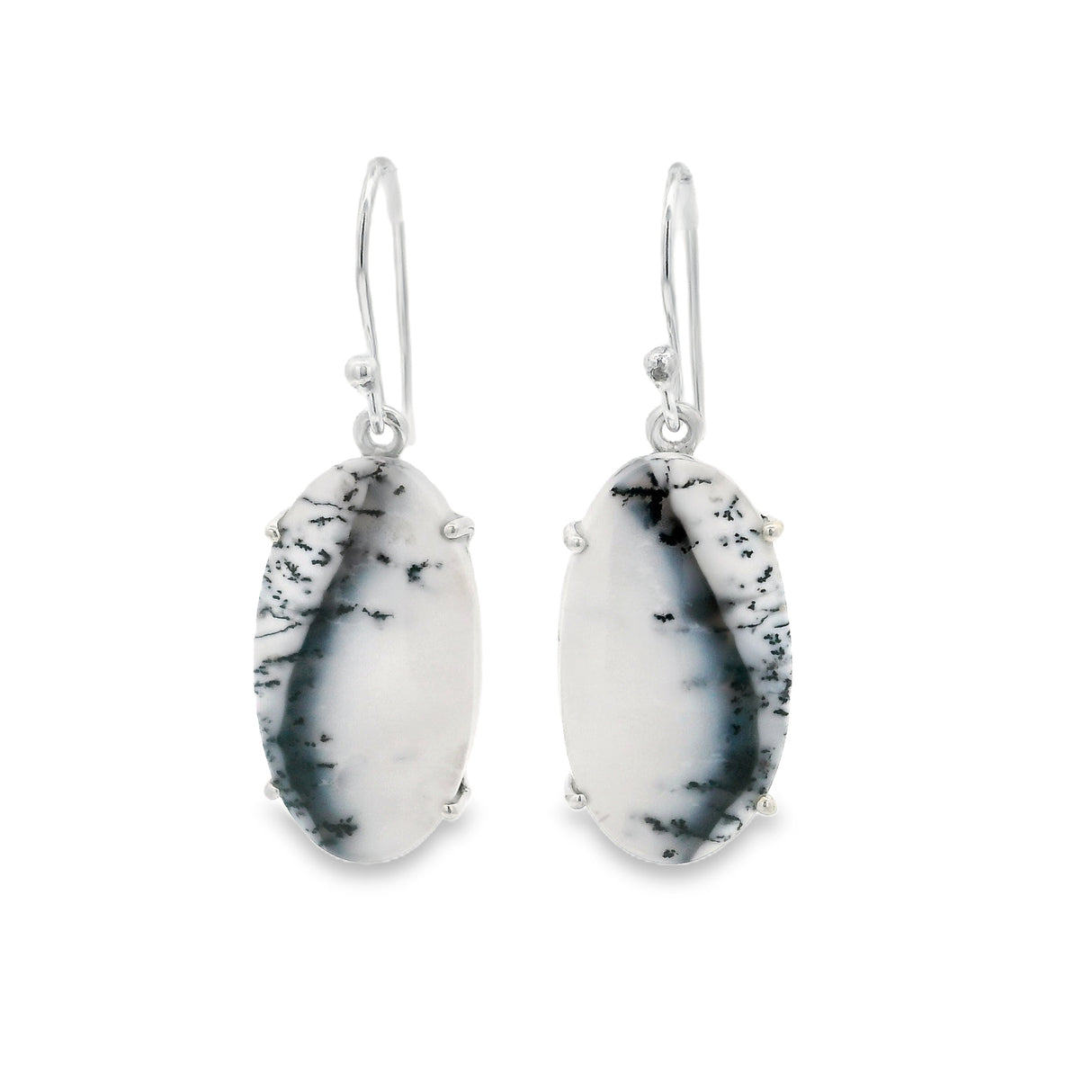 Prong Set Dendritic Opal Cabochon Dangle Earrings on French Wires
