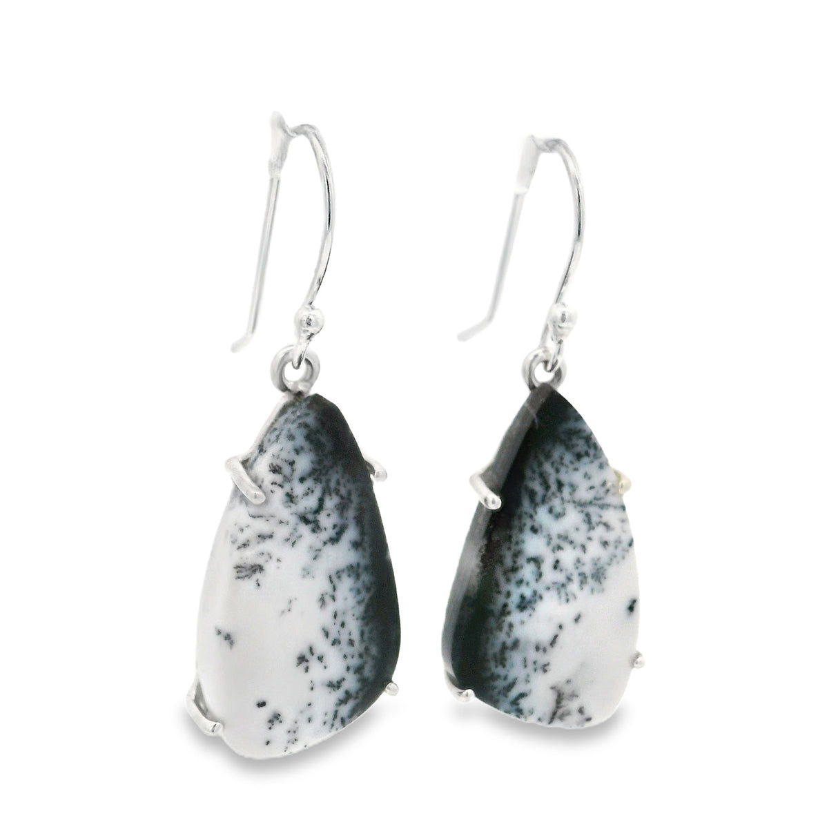 Prong Set Dendritic Opal Cabochon Dangle Earrings on French Wires