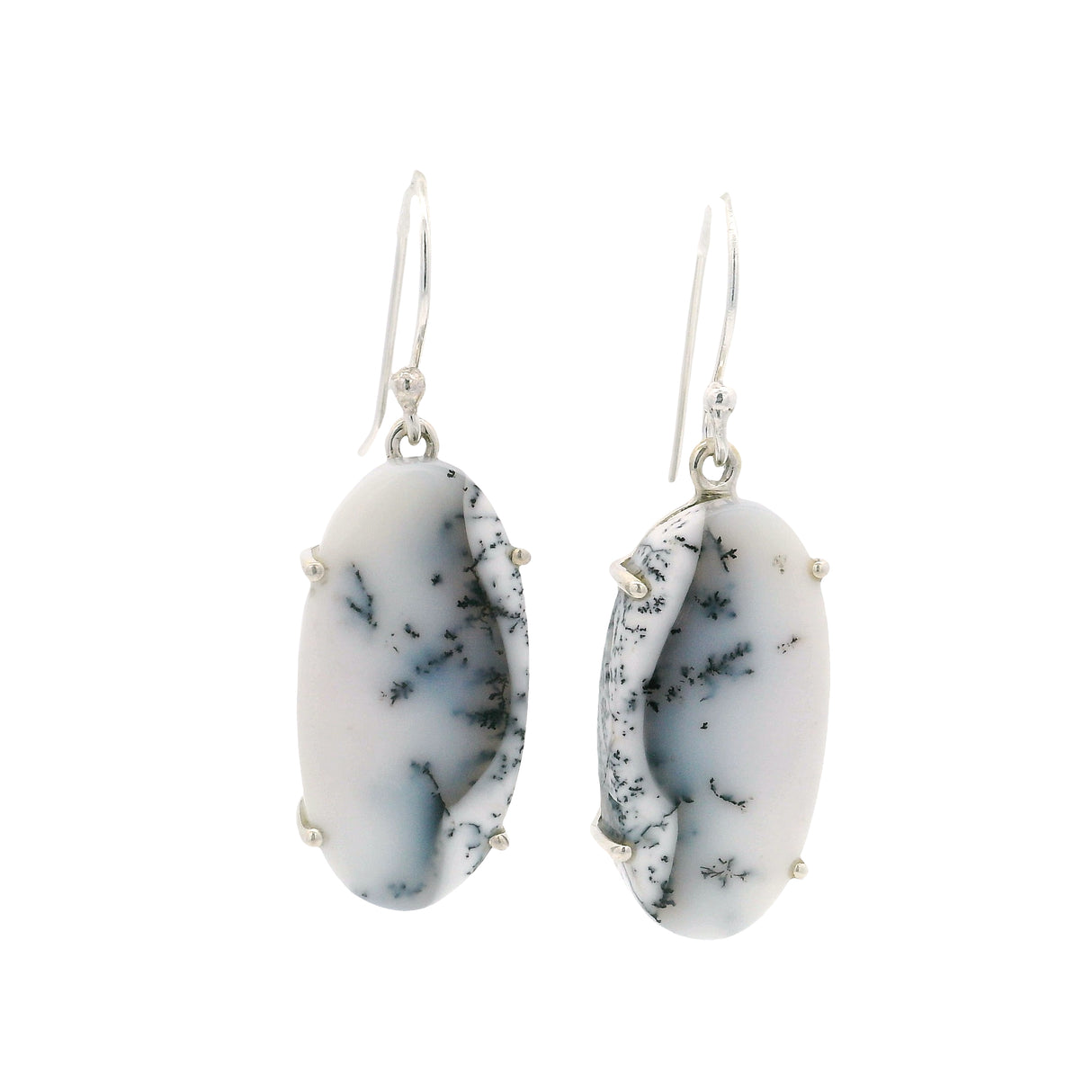 Dendritic Opal Dangle Earrings - Cabochon Prong Set