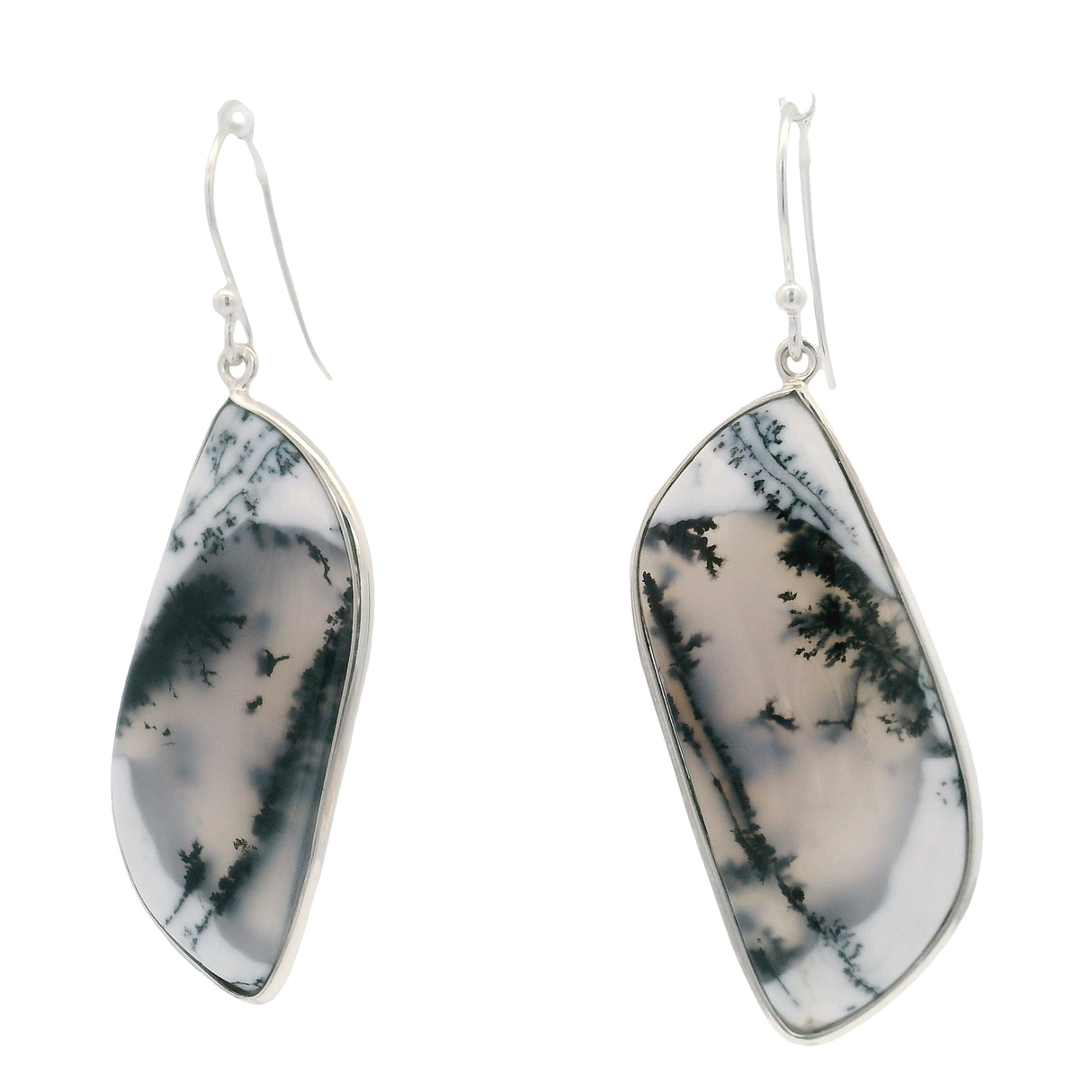 Dendritic Opal Dangle Earrings - Flat Cabochon With Simple Silver Bezel