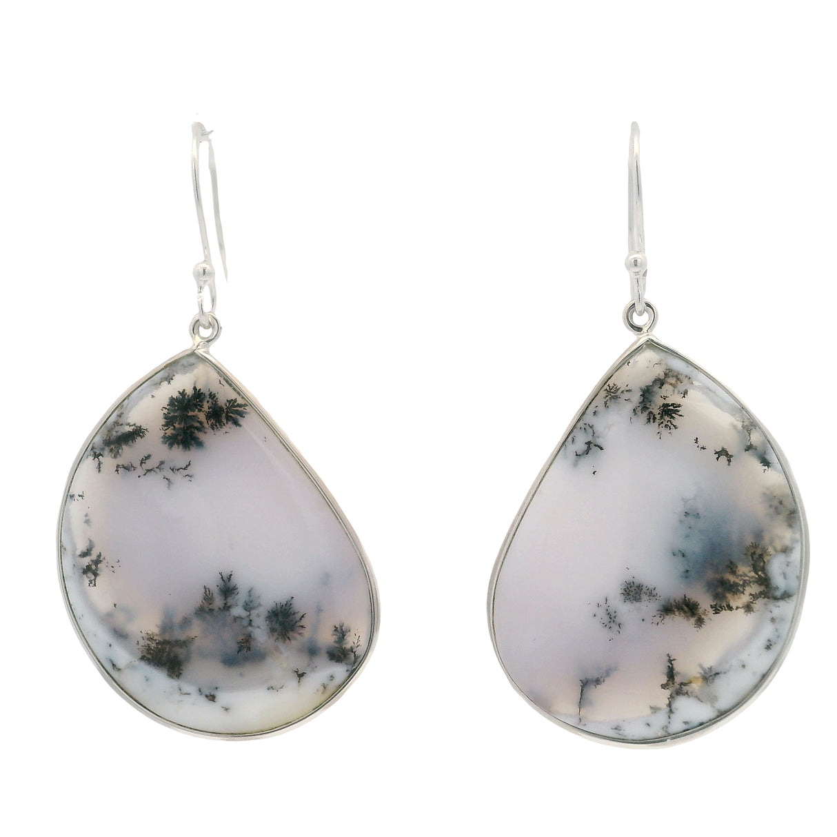 Dendritic Opal Dangle Earrings - Flat Cabochon With Simple Silver Bezel