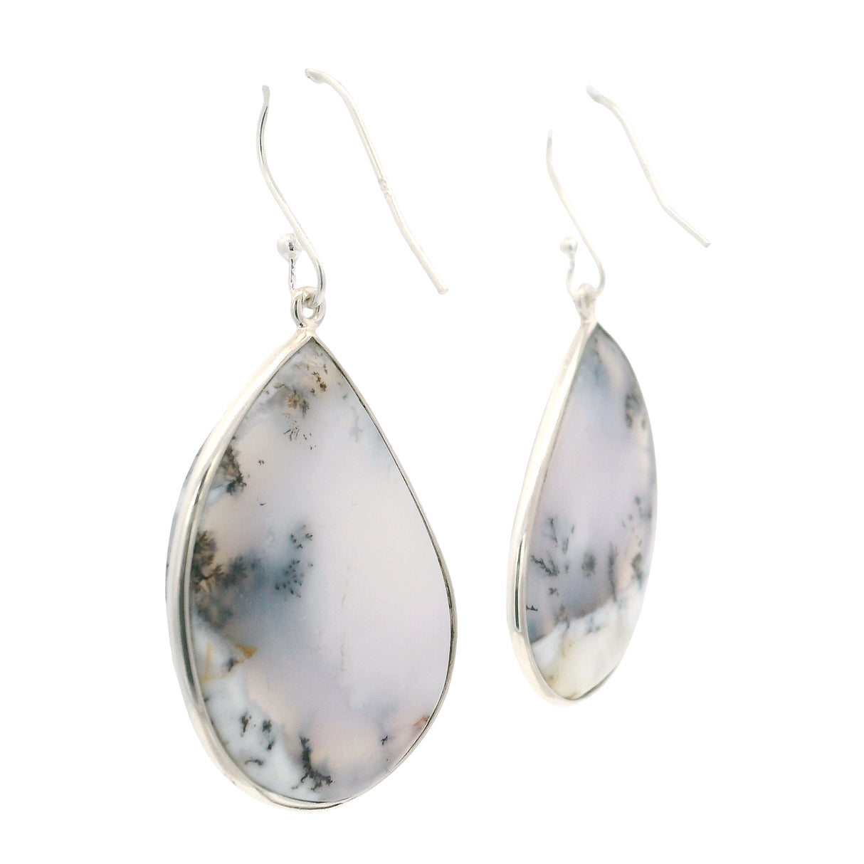 Dendritic Opal Dangle Earrings - Flat Cabochon With Simple Silver Bezel