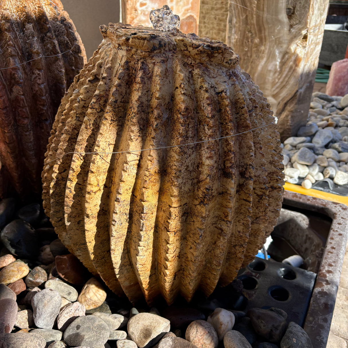 Beige Travertine Barrel Cactus Fountain - Small Carving