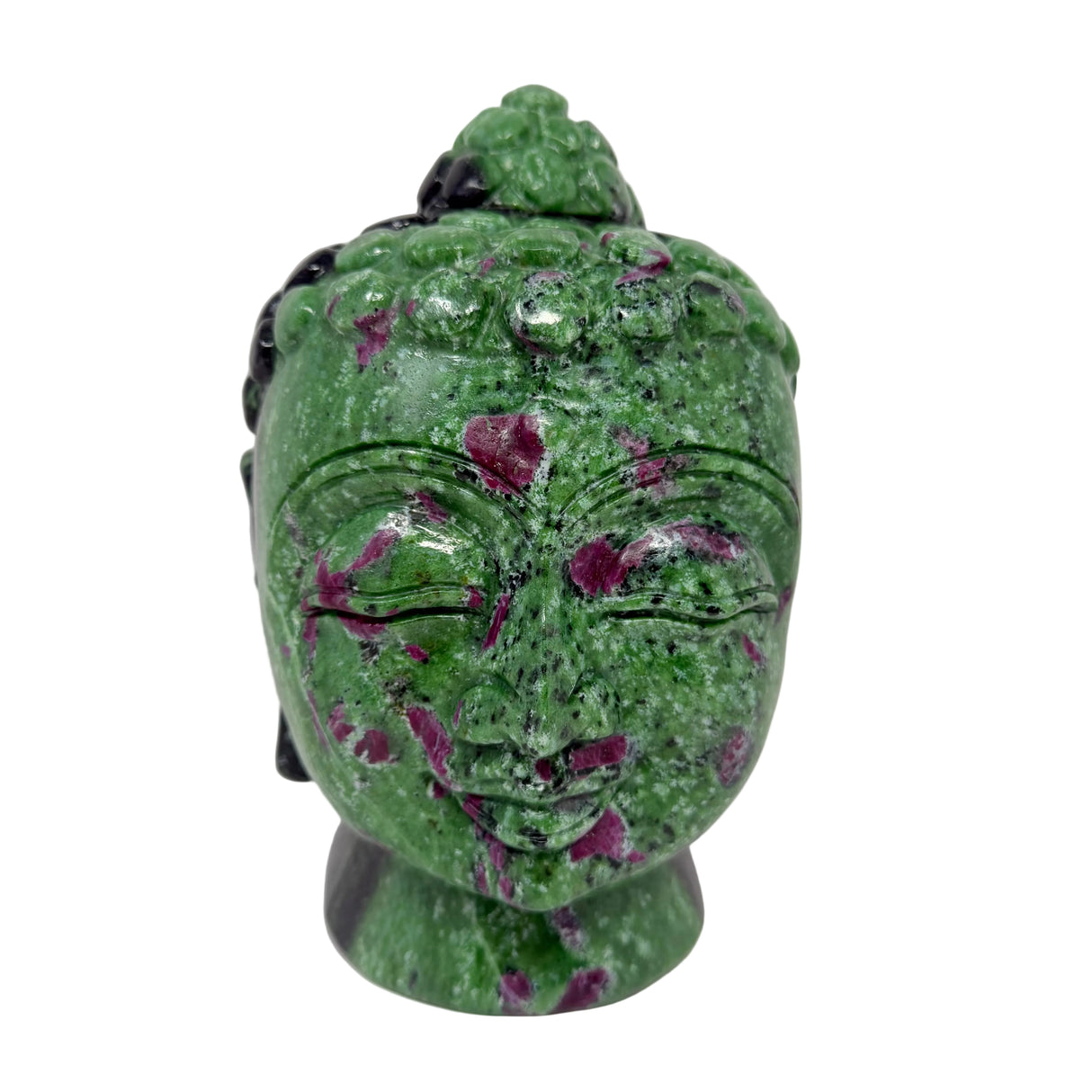 Green stone Buddha head sculpture on a white background