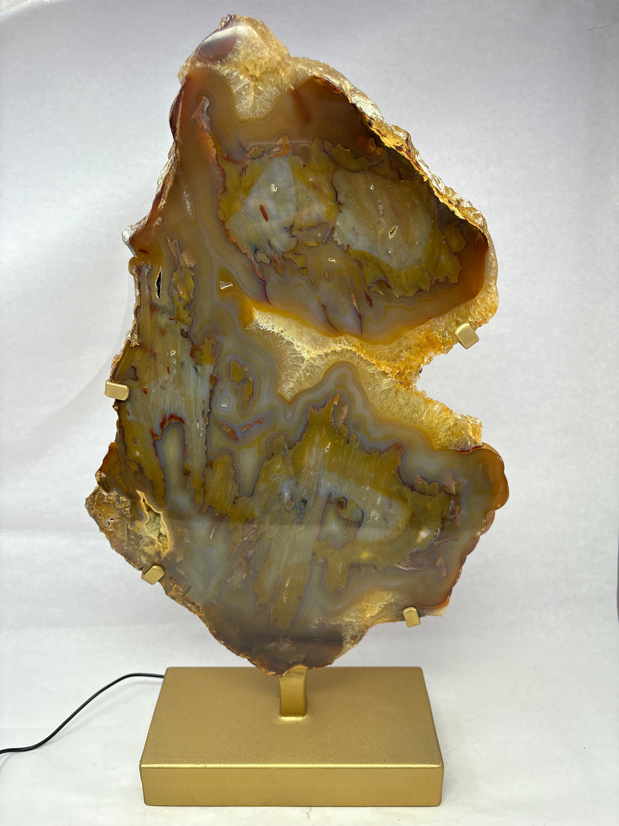 Carnelian Agate Slice On Illuminated Table Stand - Gold Rectangle