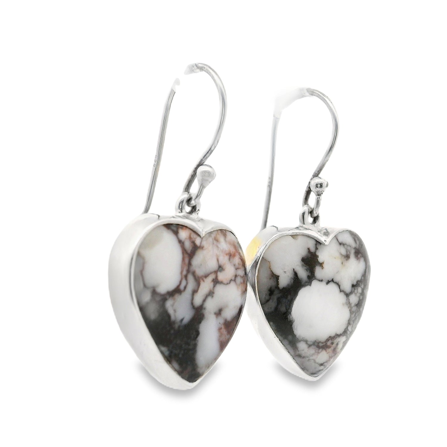 Howlite (Wild Horse) Dangle Earrings - Heart Cabochon with Simple 925 Sterling Silver Bezel